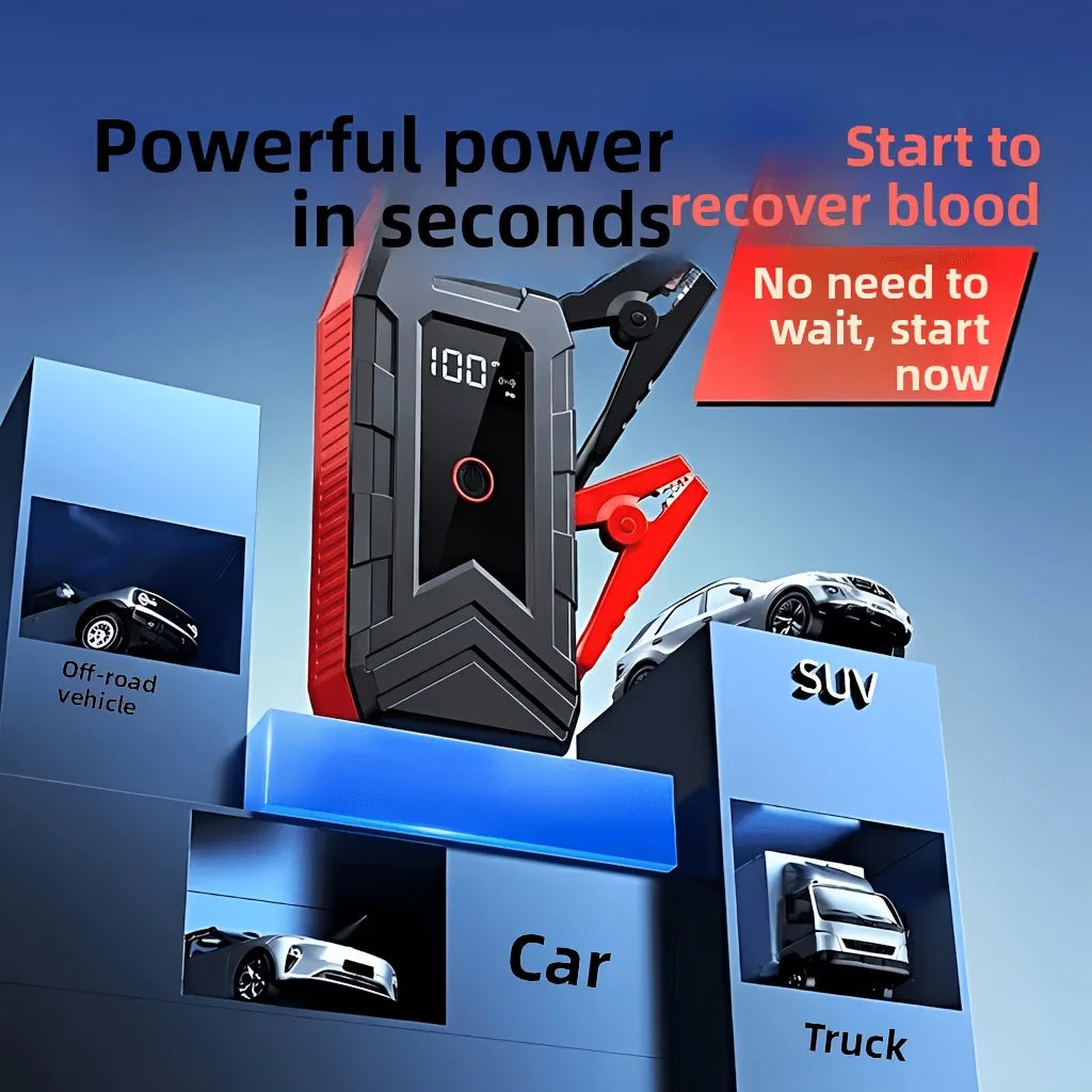 Portable Car Jump Starter with Digital Tire Inflator, Compatible with 12V Cars, Trucks, SUVs, RVs and Motorcycles. This Multi-Functional Jump Box Comes with an LED Display and 3-Mode Strobe Light.