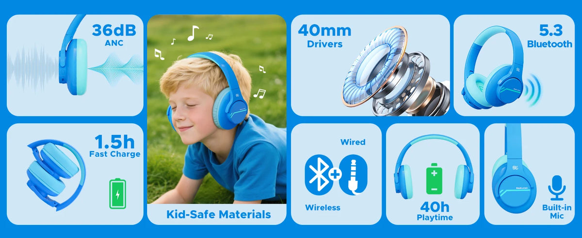 ANC Kids Wireless Headphones Noise Cancelling Bluetooth Earphones For School Travel Soundproof Headset Kids Protection Hearing