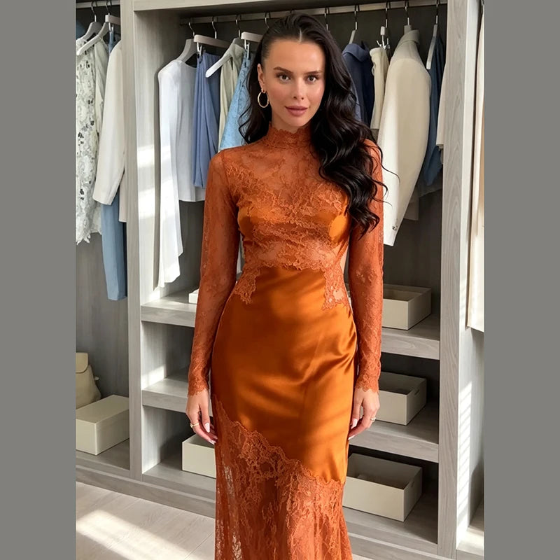 Women Slim Fit Lace Satin Mermaid Gown High Neck Long Sleeve Cutout Back Maxi Dress Female Formal Wedding Guest Party Dresses
