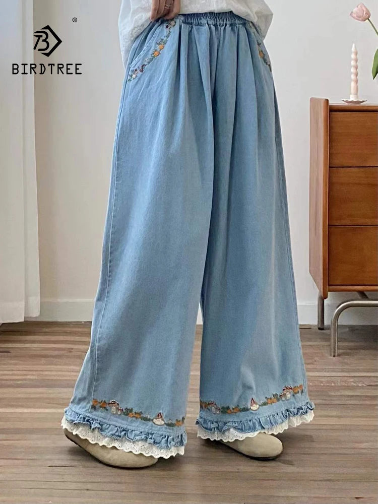 New 2025 Fall Cotton Denim Trousers, Women Elastic Waist Embroidery Ruffles, Mori Girl French Retro Chic Wide Leg Jeans B59422CC