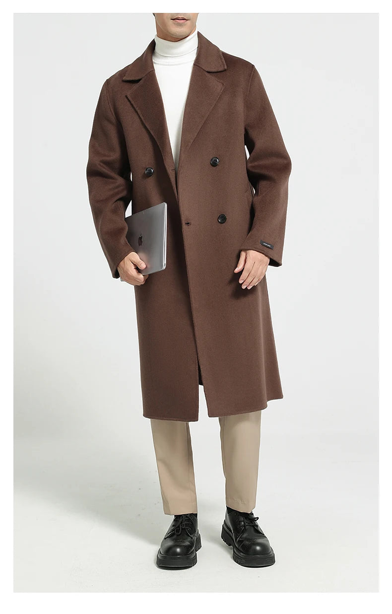 Men's 100% Cashmere Thick Double-Sided Extended Coat, Classic and Versatile Fashion for Business and Leisure