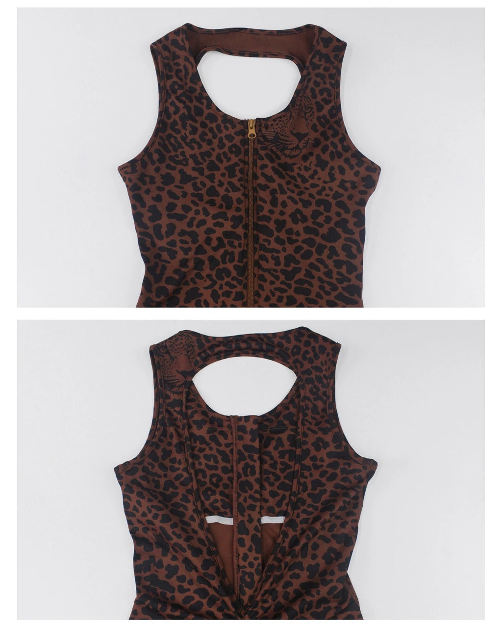 Greenora Leopard Print Yoga Jumpsuit Sleeveless Backless Flare Romper High Waist Slimming Athletic Bodysuit for Workout Fitness