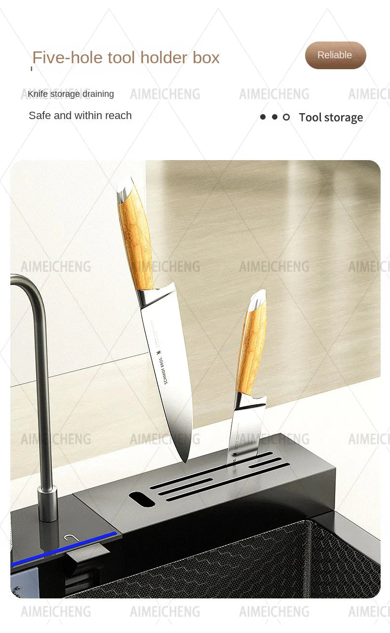 Hot Selling Stainless Steel Waterfall Kitchen Sink With Knife Holder Digital Display Faucet Set Embossed Extra Large Single Slot