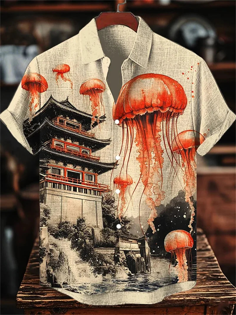 Hawaiian Linen Short Sleeved Shirt Men's Cat Print Short Sleeved Shirt Top with Collar for Casual Vacation Clothing Top