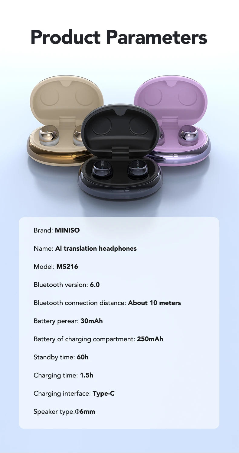 MINISO MS216 TWS Wireless Earbuds Bluetooth 6.0 Headphones AI Translator Earbuds TWS in-Ear Wireless Earphones Ultra-Light