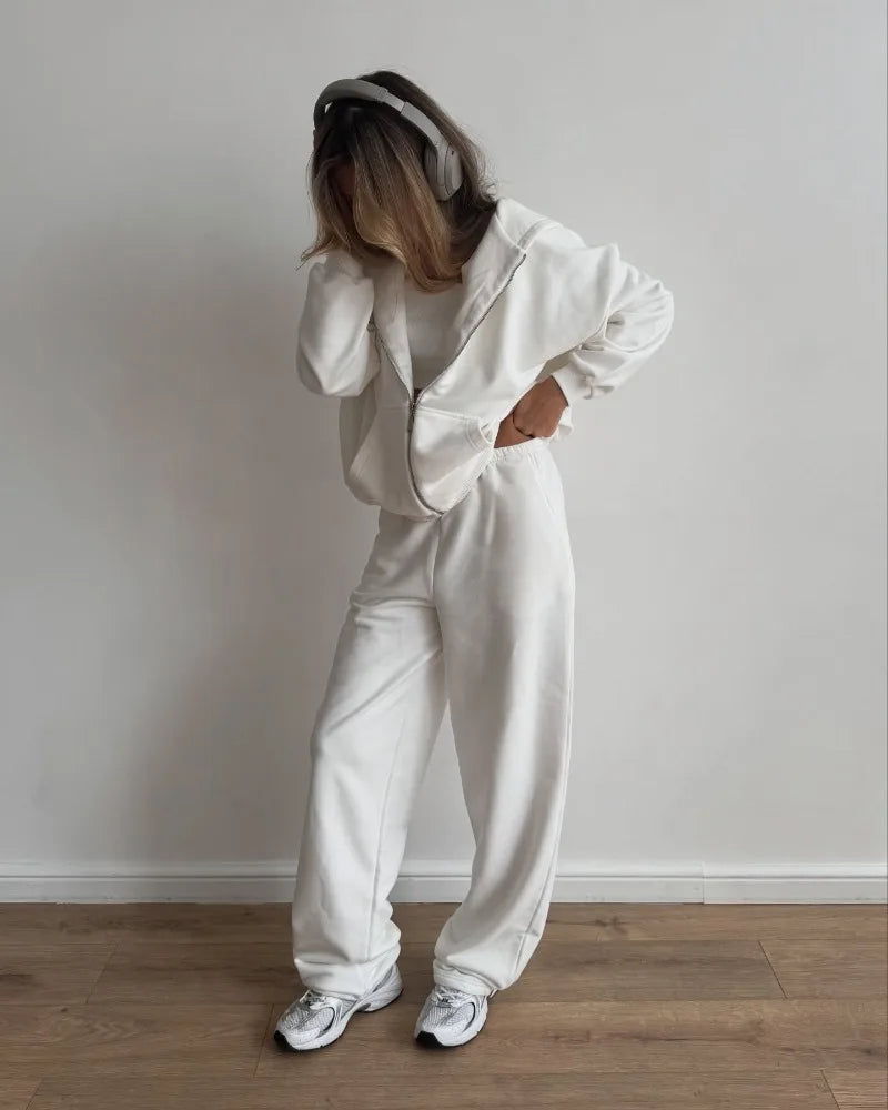 Women's Casual Suit Solid Color Long Sleeve Hooded Cardigan Pocket Sweater Elastic Pants Two-piece Set