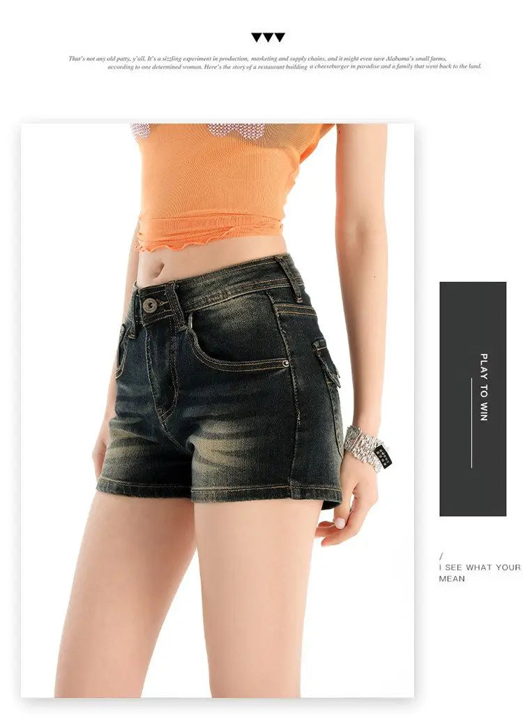 Retro Blue Grey Slimming Elastic American Style Hot Girl Summer New Mid Waist Jeans Shorts Women Casual Basic Style Denim