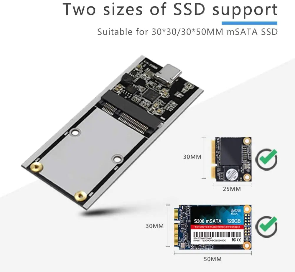 mSATA to USB 3.1 SSD Enclosure Adapter Case with USB Type C Interface for 30*50mm/30*25mm mSATA Internal Solid State Hard Drive