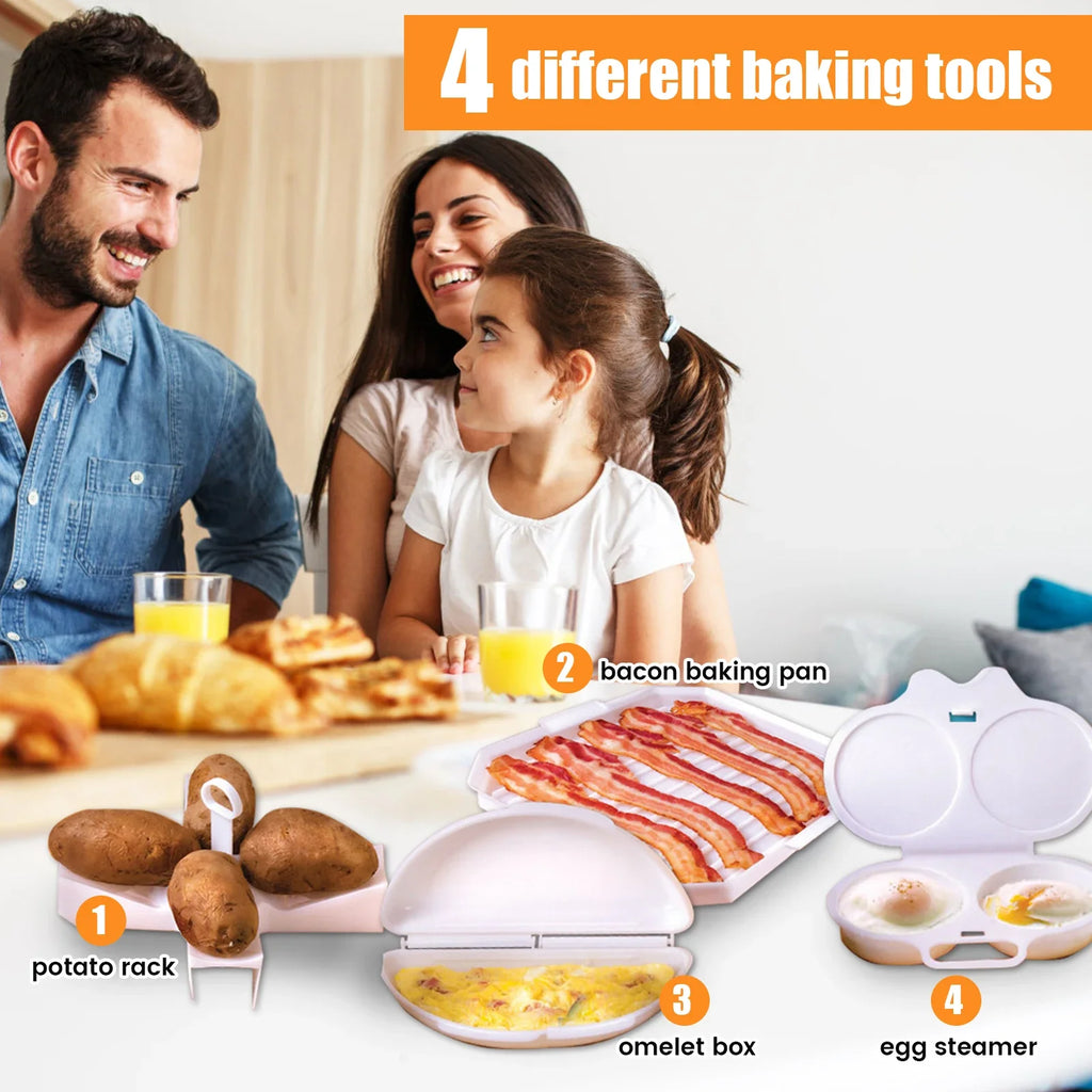 4Pcs Microwave Cooking Set Heat Resistant Oven Bacon Baking Plate Egg Steamer Fried Egg Box Potato Rack Cookware Kitchen Gadgets