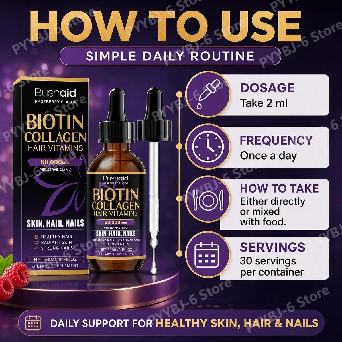 BushAid Biotin Collagen Hair Vitamins Liquid Drops Supports Strong Hair Structure and Helps Maintain Nail Toughness 60ml