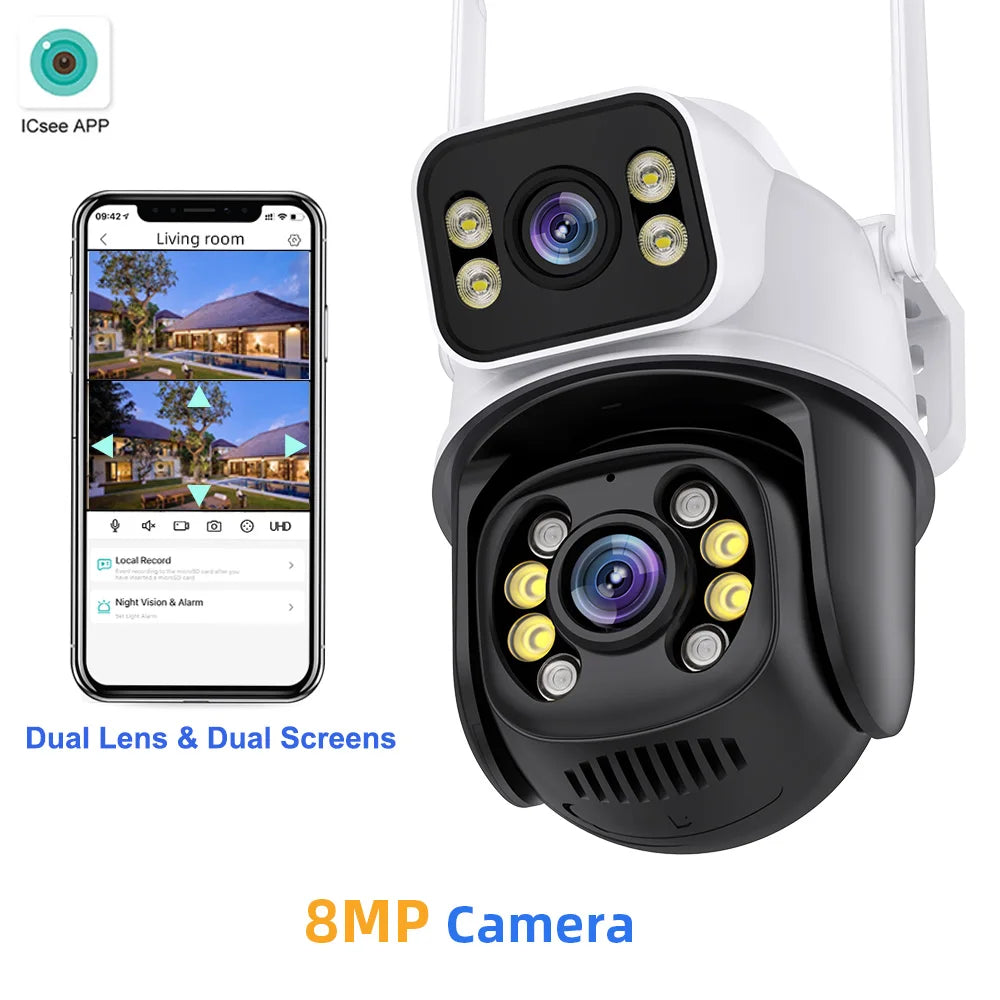 Wifi Surveillance Cameras 4K Waterproof Outdoor Wireless Security Camera Dual Lens Security-Protection ICsee IP Camera AI Track