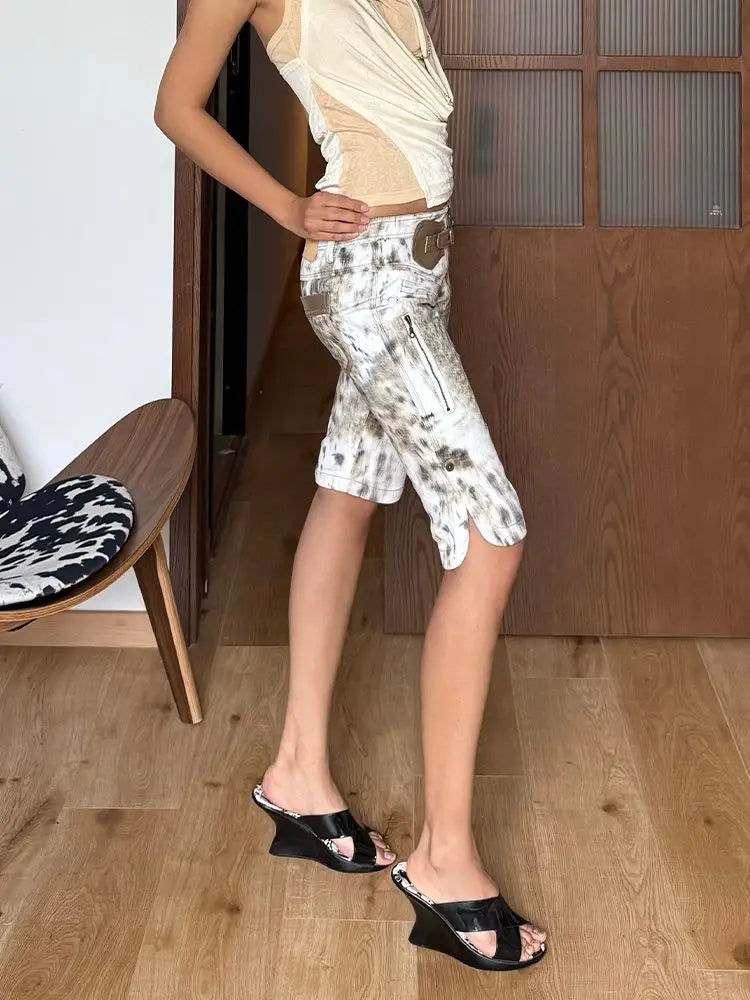 American Style Tie Dye Denim Woman Capris Cargo Shorts with Zipper Pockets Y2K Aesthetic Casual Streetwear Summer Jeans Woman