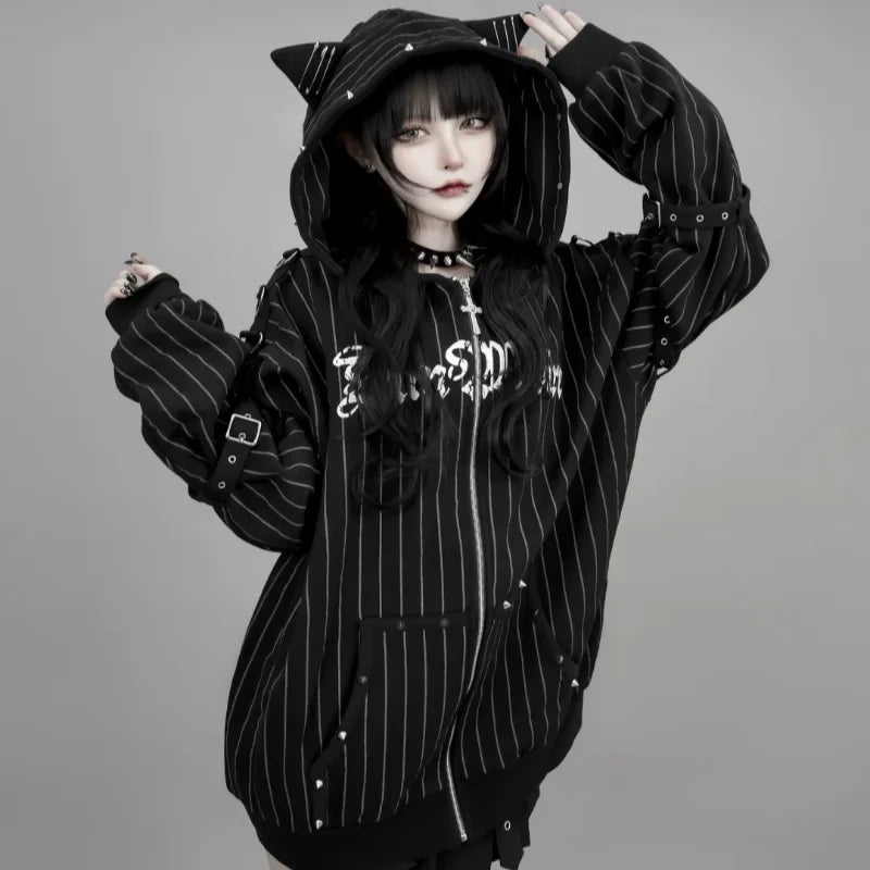 Black Cat Ear Zip Up Hoodie Japanese Subculture Women Devil Pinstripe Heart Print Oversized Metal Buckle Punk Streetwear Outfit