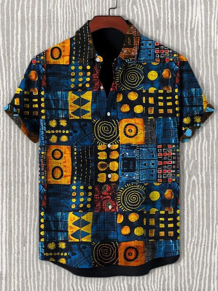 Autumn Ethnic Style Graphic 3D Print Holiday Button Men Clothing Luxury Men's Shirt Casual Short Sleeve Retro Shirt Man Top