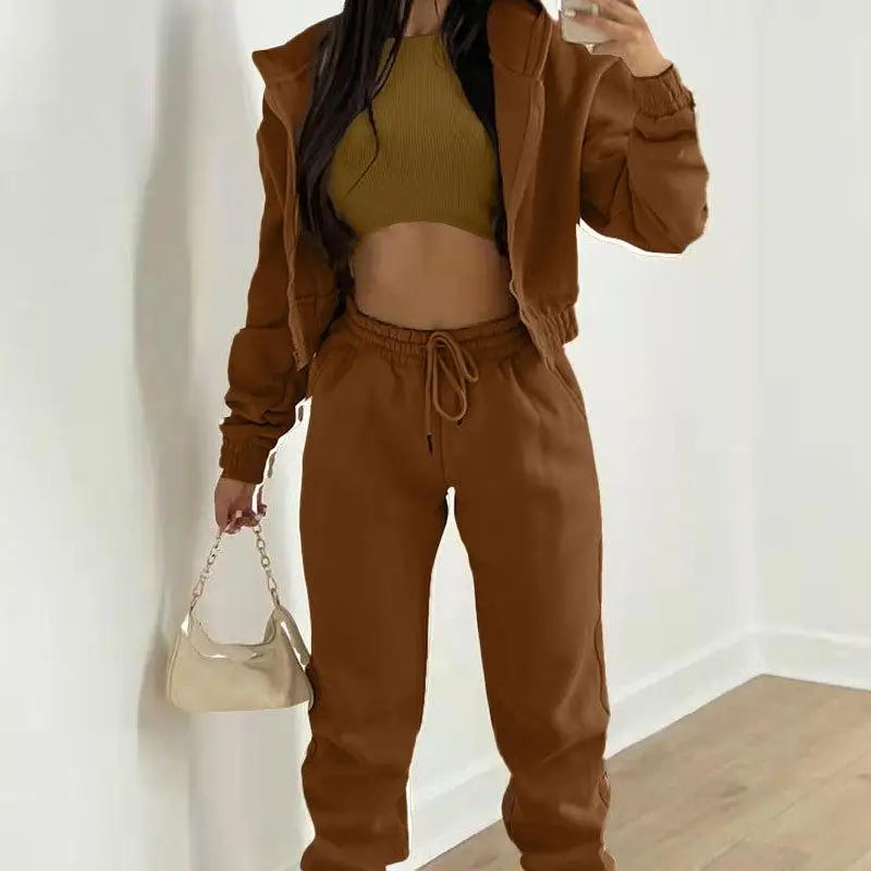Ladies Tracksuit Zippered Hooded Jogger Tracksuit Thermal Lined Trousers Tracksuit Fashionable Athleisure Cozy Ensemble