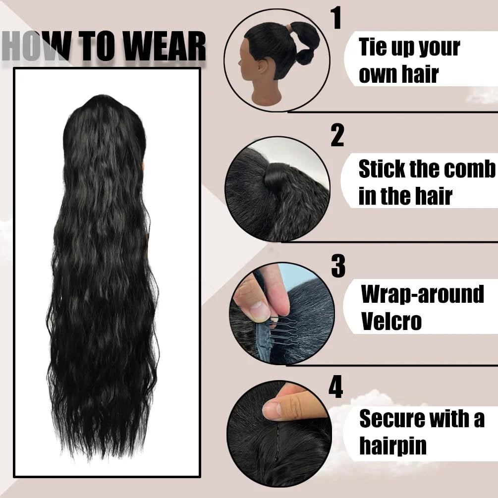 22 Inches Corn Wave Style Wrap Around Synthetic Ponytail With Clips Easy to Use Ponytail Hair Extension