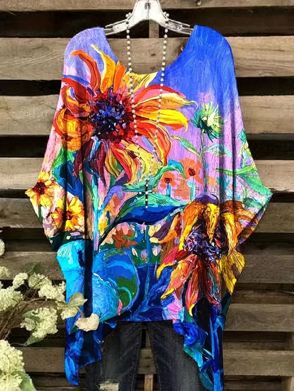Bohemian Chic Women's T-Shirt Vintage Floral Graphic O-Neck Pullover Short Sleeve Tees Oversized Irregular Hemline Y2k Clothes
