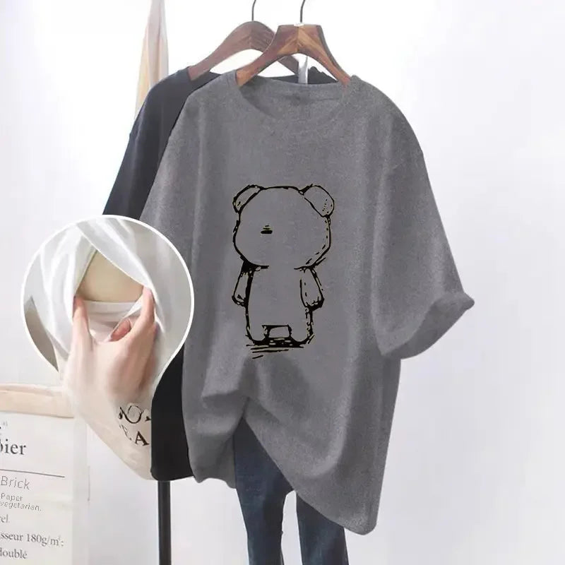 Fashionable Breastfeeding Top Short Sleeve Crew Neck T-shirt Versatile Summer Outdoor Wear For Mothers Simple Top For Feeding