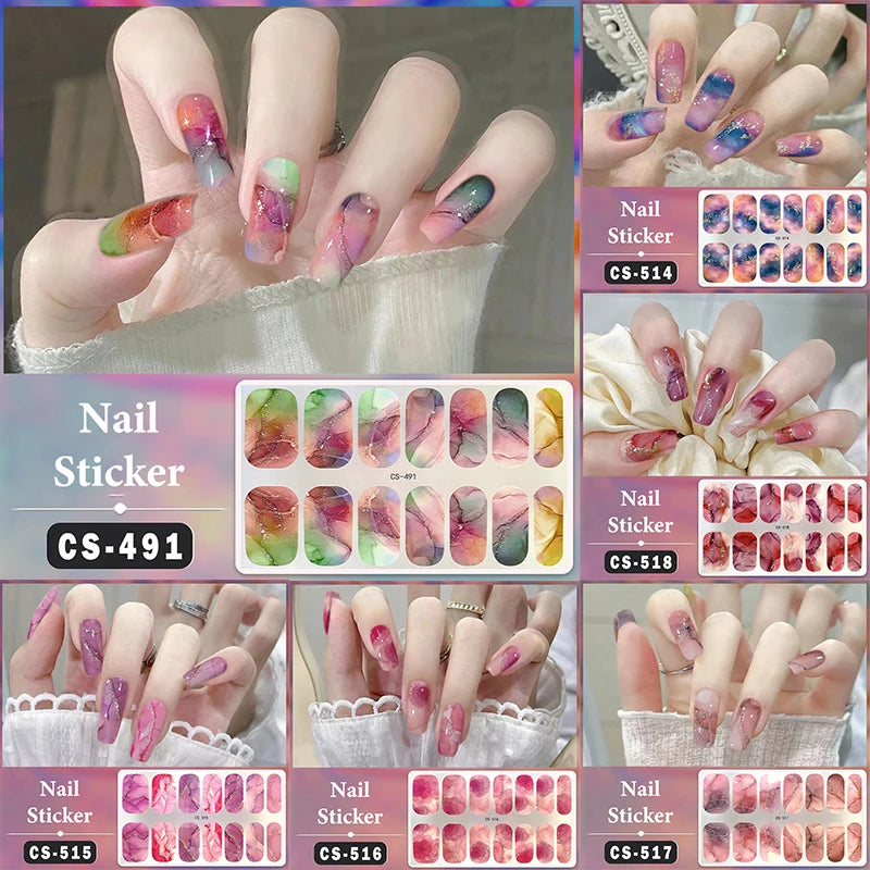 No Baking Lamp Waterproof Nail Wraps Full Cover Nail Stickers Firm And Not Easy To Fall Off 14 Nails/Set Multi Color Nail Patch