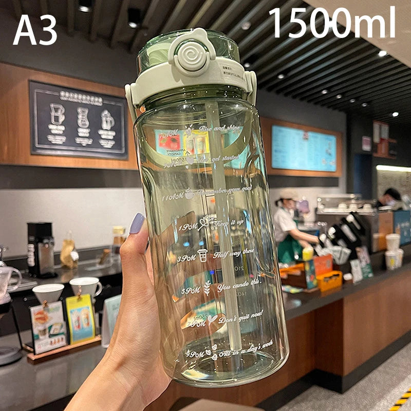 1.5/2Liter Sport Straw Water Bottle With Time Scale Plastic Summer Cold Juice Water Cup Large Capacity Portable Travel Bottles