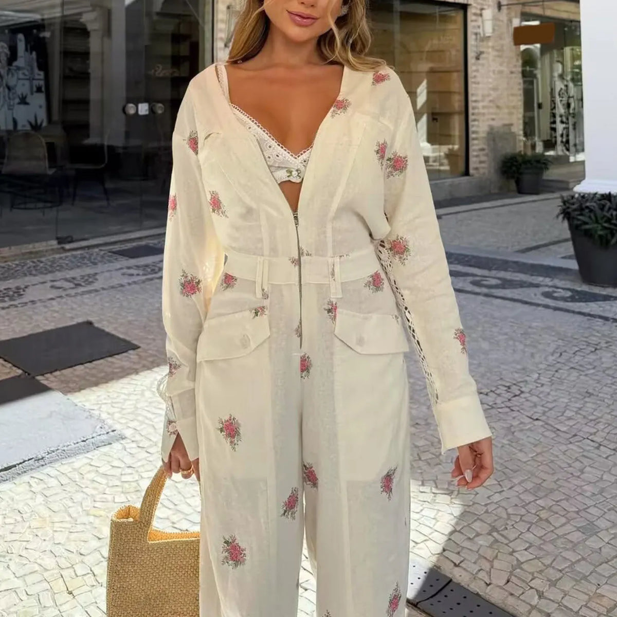 Fashionable Print Long Sleeve V-Neck Zipper One-Piece Pants Women's High Waist Straight Leg Suiting Commute Workwear Autumn 2026
