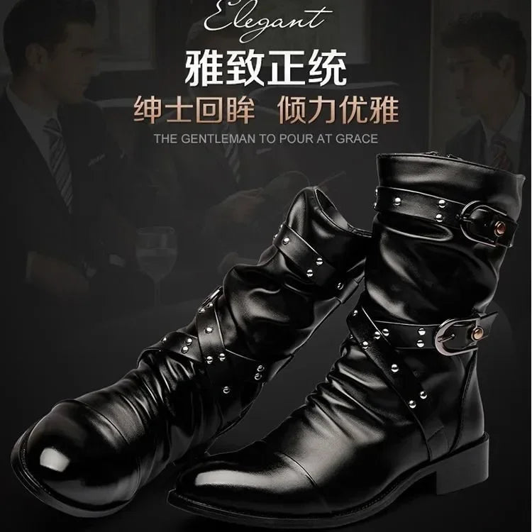 Men's Leather High Quality Mid Tube Boots Fashion Classic Autumn Winter Black Punk Rock Shoes Casual Men