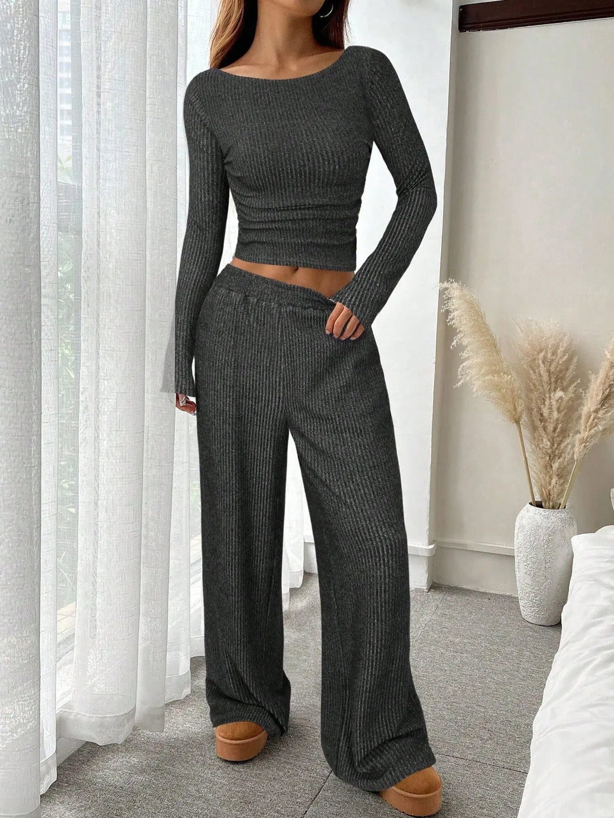 2025 Women's Autumn/Winter New Collection Solid Color Casual Long Sleeve Boat Neck Top Elastic Waist Wide Leg Pants Set Versatil