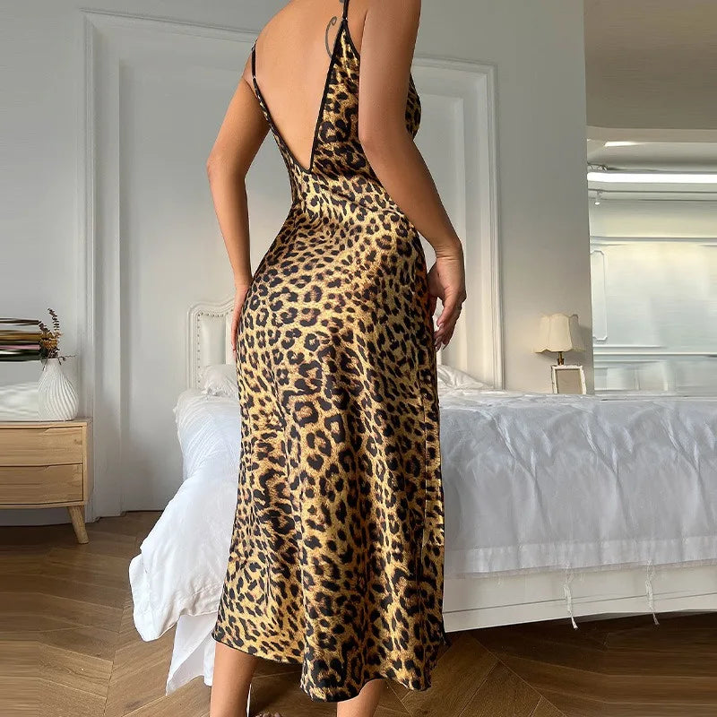 Ice Silk Slip Dress Summer Thin Breathable Silk Like Sexy Leopard Print Women's Backless Split Sling Nightdress