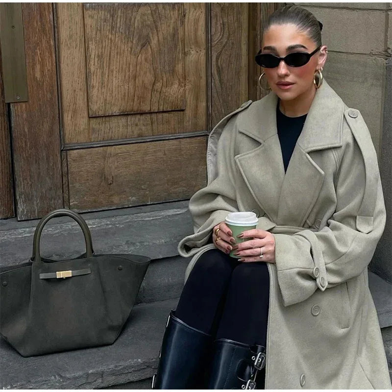 Whisper Lumi Vintage Double Breasted Lapel Women Long Coat Elegant Loose Jacket With Belt Autumn Casual Ladies Streetwear