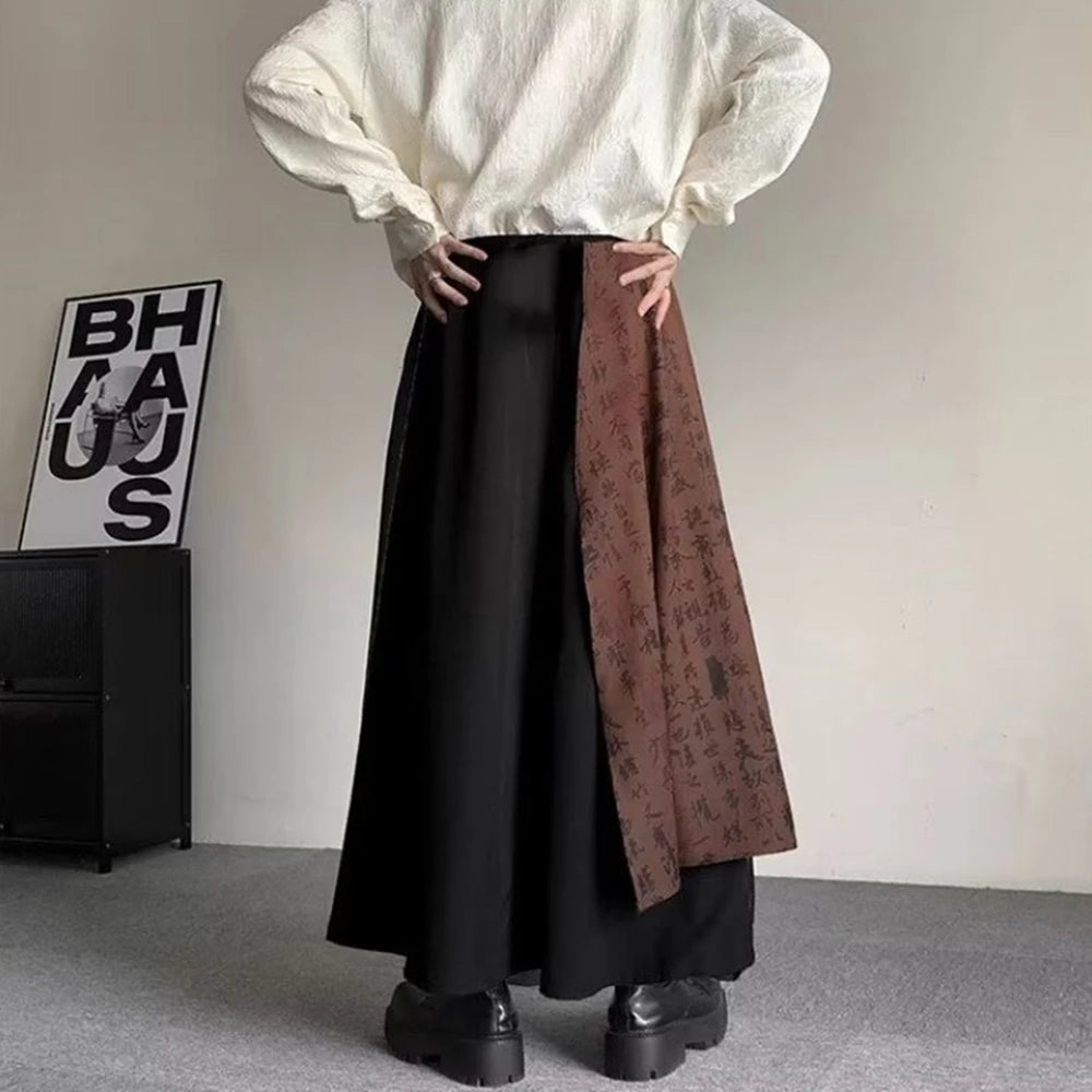 2026 Autumn Winter Mens Double Layer Chinese Calligraphy Splicing Irregular Culottes  Genderless Waist Strap Loose Wide Leg Pant