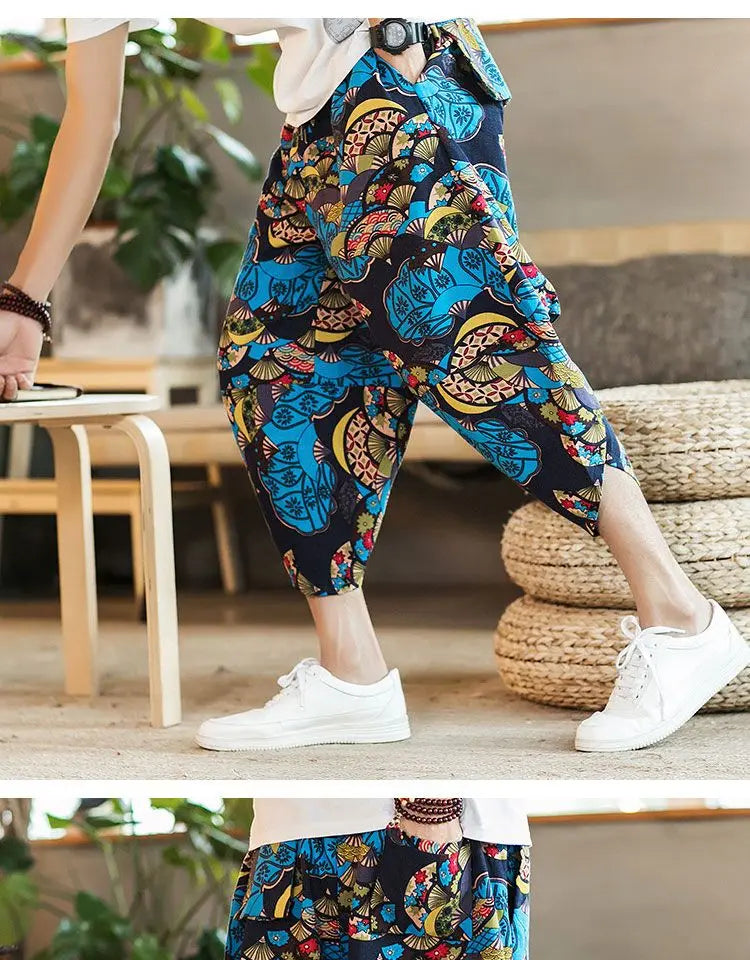 Men's Casual Cotton Linen Seven-Foot Pants Summer plus Size Lantern Loose Fit Shorts Harlan Style Comfortable Breathable Leis...