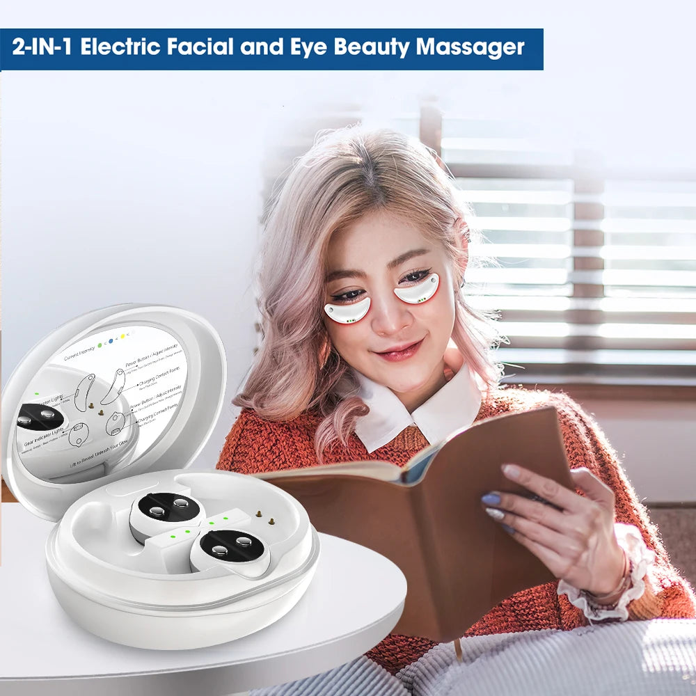 2-IN-1 Face & Eye Beauty Massager Micro-current Red Light EMS Anti Aging Bags Dark Circles Reduce Electric Eye Rejuvenation Pads