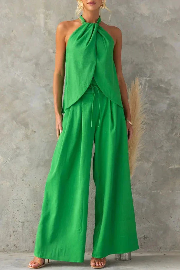 2025 Summer New Women's Elegant Solid Set Sexy Halter Tops+Lace-up Wide-leg Pants Two Piece Set Fashion High Street Office Lady