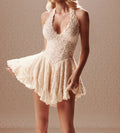 Lace Women's Mini Dress Elegant V Neck Waist Cinched A Line Puff Hem Skirt Street Fashion Backless Summer Lady Halter Dresses