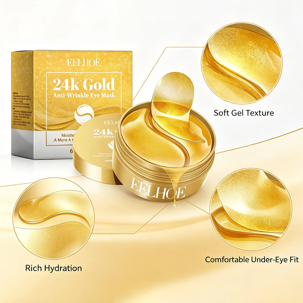 60Pcs 24K Gold Anti‑Wrinkle Eye Mask Collagen Hyaluronic Acid Eye Patches Moisturizing Brighten Dark Circles Firming Under‑Eye