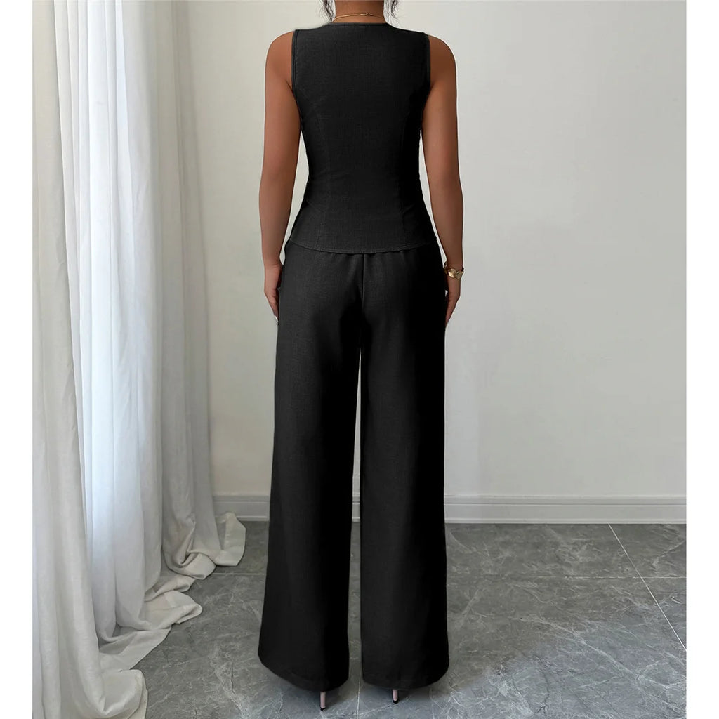 S - XL Sleeveless V Neck Vest Solid Women Suits 2 Pieces Sets Female Leisure Elegant Pants Formal Pantsuit Outfit For Women M127