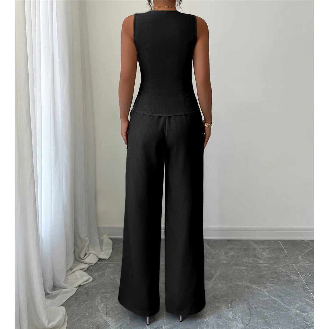 S - XL Sleeveless V Neck Vest Solid Women Suits 2 Pieces Sets Female Leisure Elegant Pants Formal Pantsuit Outfit For Women M127