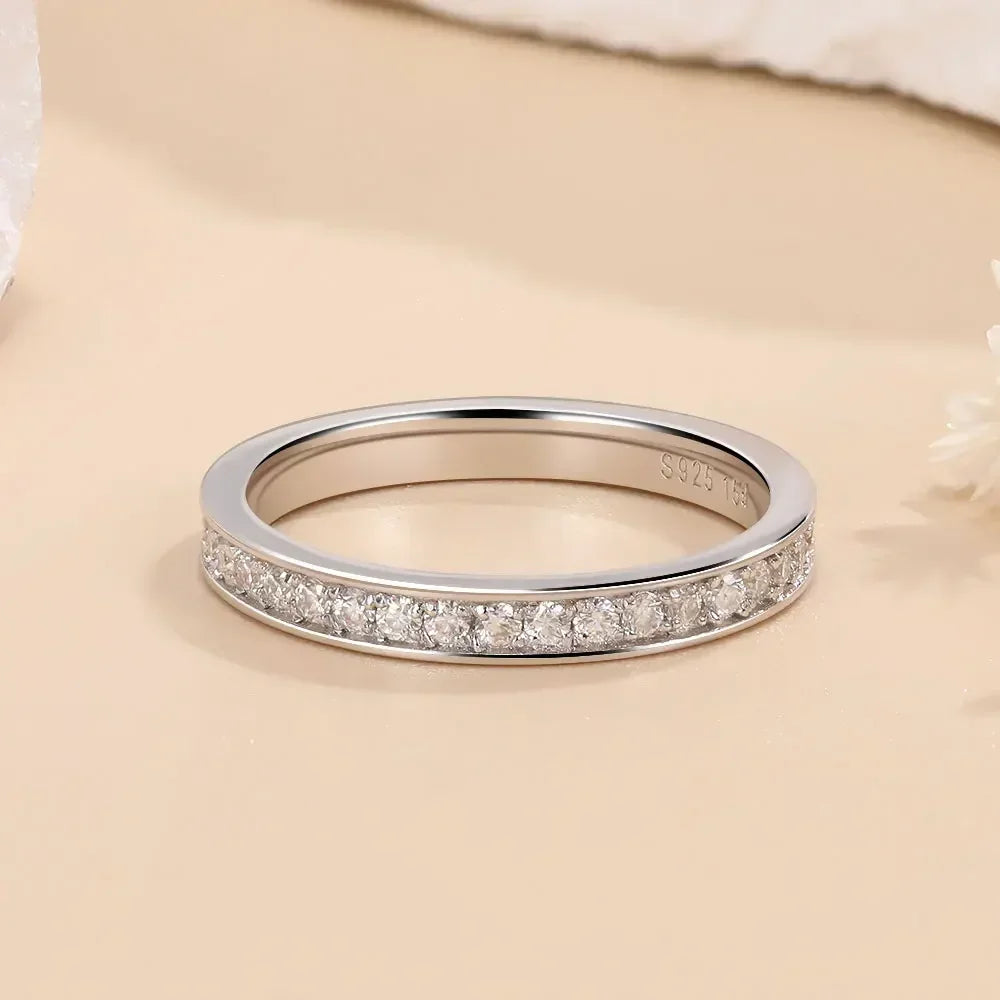 1.5mm Full Moissanite Rings for Women Eternity Wedding Band S925 Sterling Silver D Color Channel Set Lab Diamond Fine Jewelry