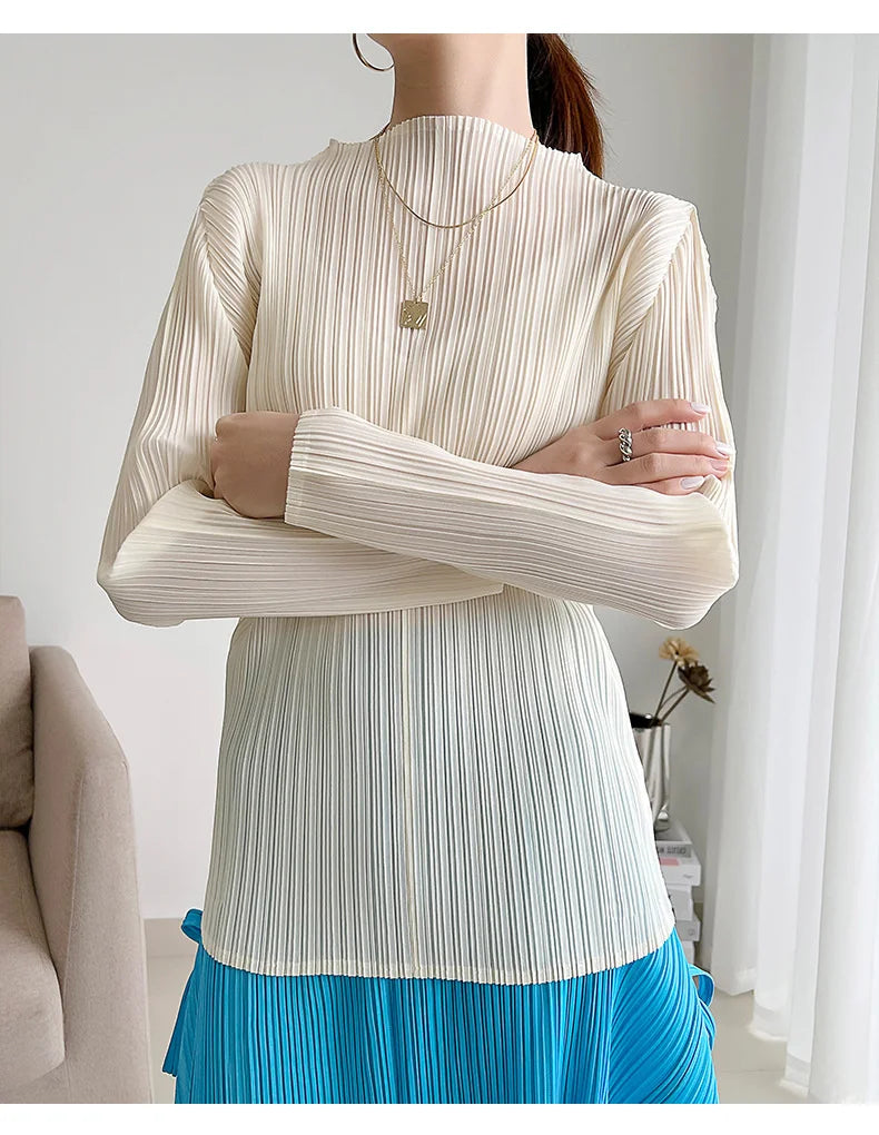 Miyake Pleated Long Sleeves Tops Fall 2025 Winter Korean Fashion Women Classic Solid Color Turtleneck Casual Elegant T-shirt