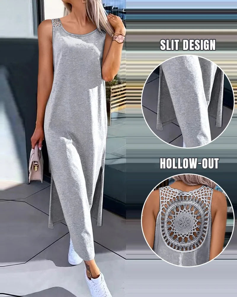 Summer Casual Temperament Fashionable Slim Fit Solid Color Round Neck A-line Skirt Lace Lace Lace Back Sleeveless Slit Dress