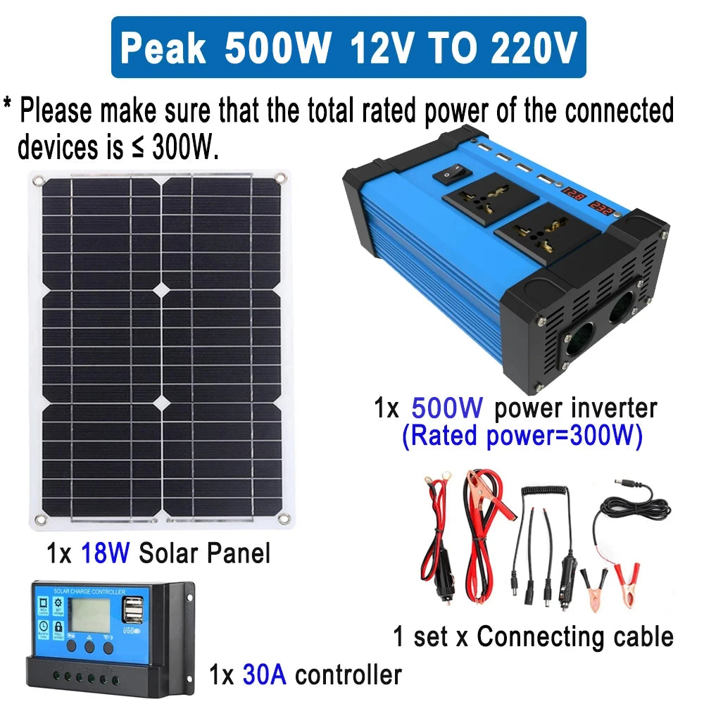 500W Power Inverter 12V to 220V 60HZ with 18W Solar Panel 30A Controller Modified Sine Wave Voltage Transformer Universal Socket