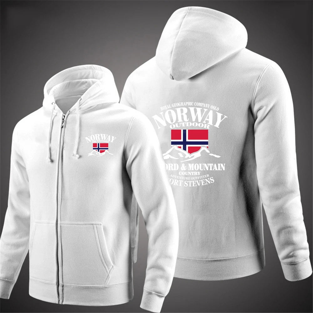 2025 New Spring And Autumn Norway Flag Fjord Mountain Men's Solid Color Zipper Pullover Warm Long-sleeved Comfortable Caot