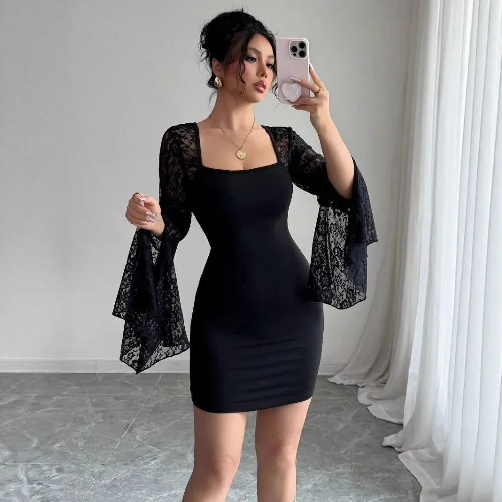2026 Autumn New Flare Sleeve Split Lace Patchwork Square Neck Bodycon Dress Women