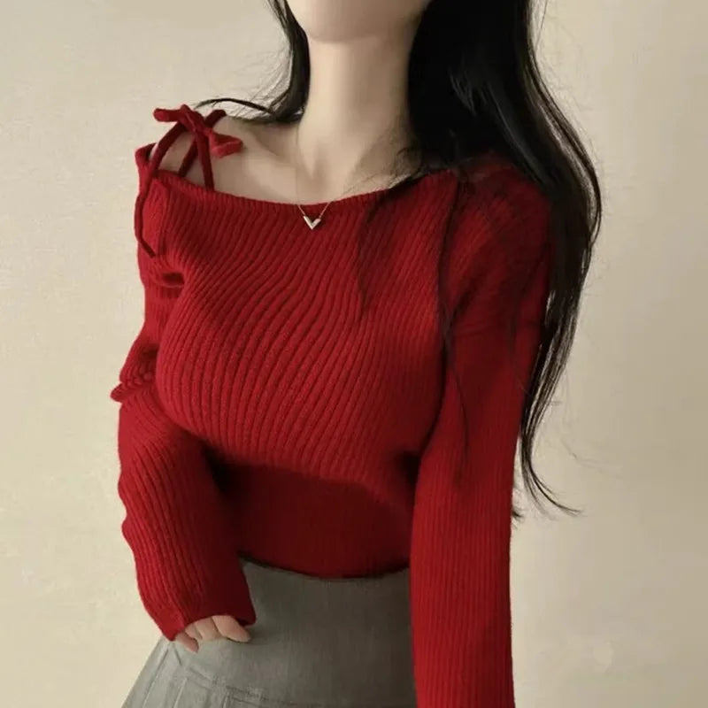 2026 New Women's Elegant Off-Shoulder Sweater T-Shirt Black White Striped with Adjustable Lace-Up Fall Winter Casual Chic Top