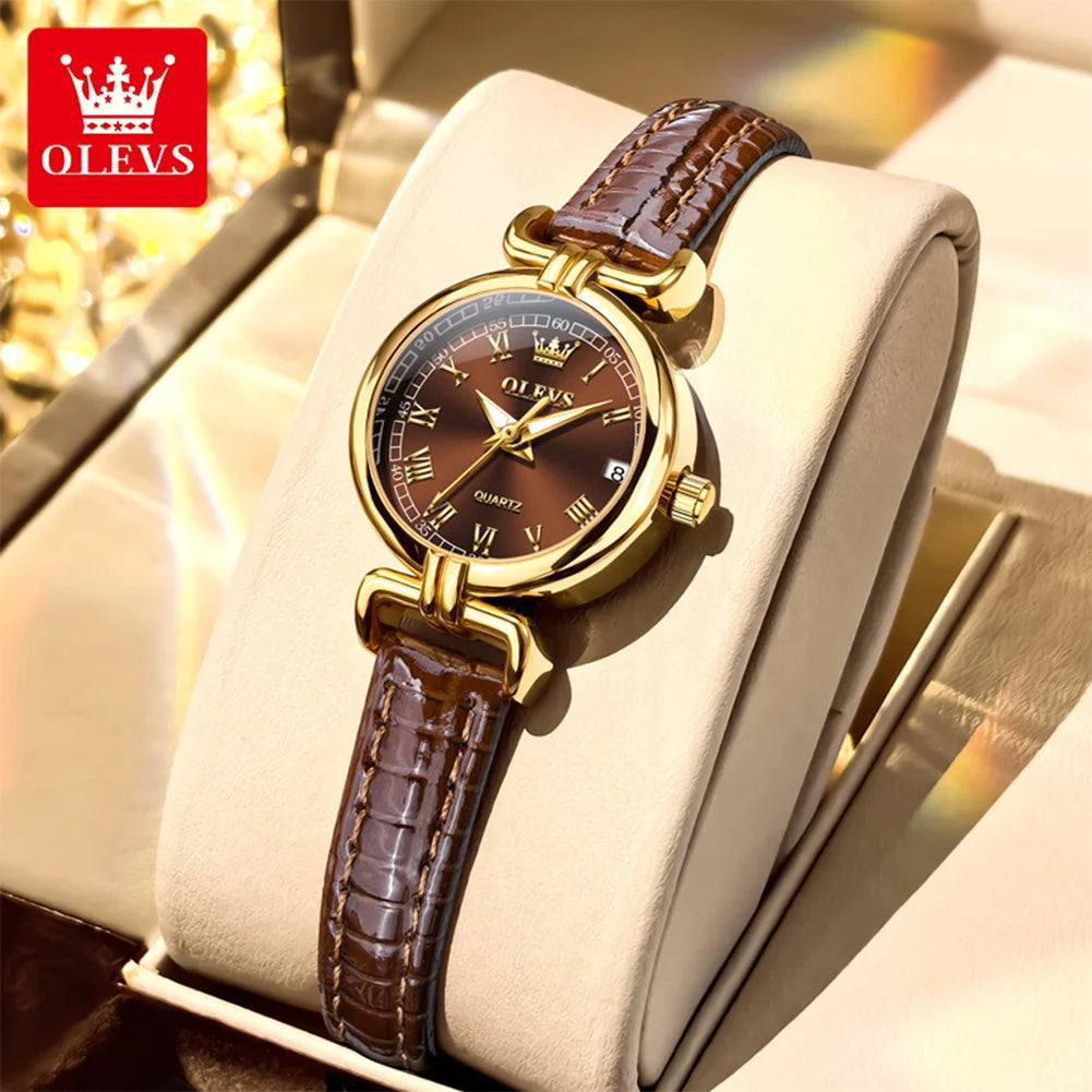 OLEVS 5645 New Women Watches Elegant Original Date Quartz Wristwatch Waterproof Luminous Watches For Woman Leather Strap Watch