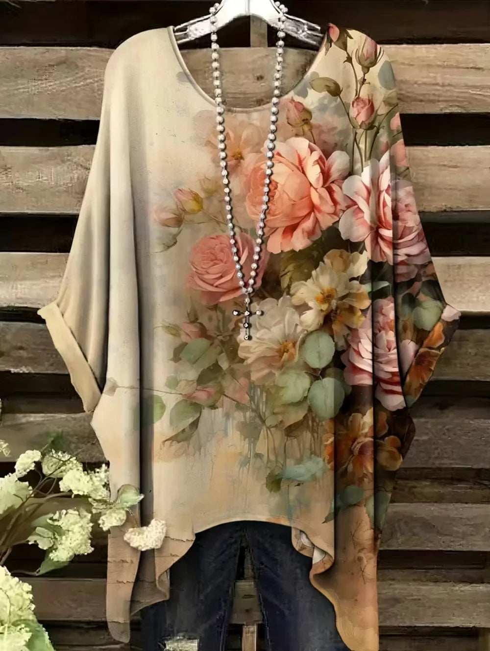 Bohemian Chic Women's T-Shirt Vintage Floral Graphic O-Neck Pullover Short Sleeve Tees Oversized Irregular Hemline Y2k Clothes