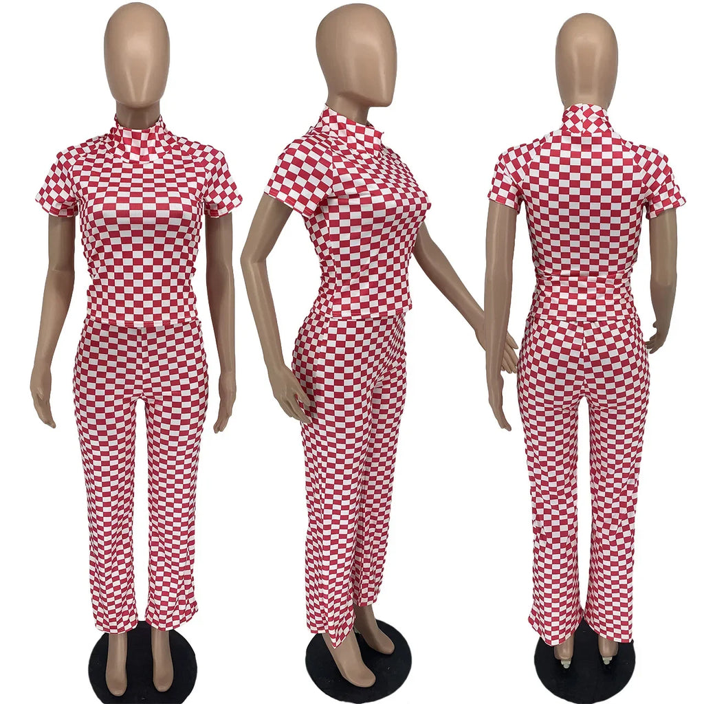 European and American Women's Fashion Fashion Design New Women's Spring Small Pit Strip Printed Checker Slim Two-piece Set