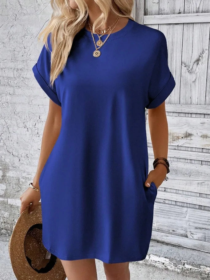 New women's spring and summer fashionable temperament casual commuting solid color round neck loose short sleeved pocket dress
