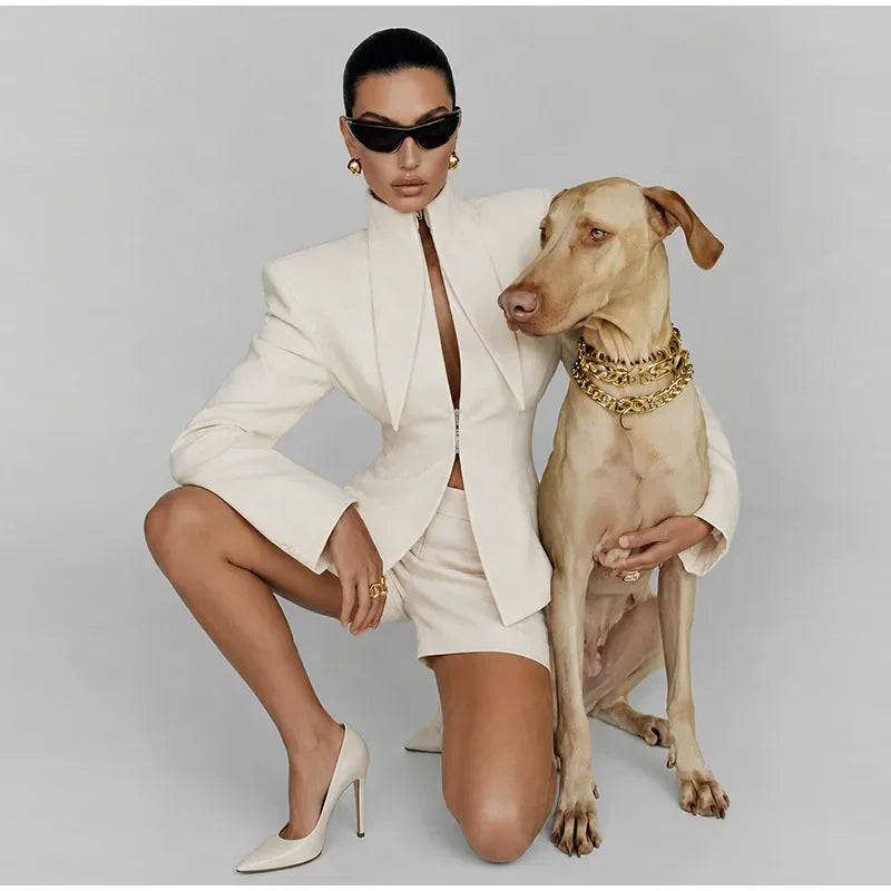 Women's Suit Shorts 2 Piece Set Long Sleeve Stand Collar Solid Coat Short Pants 2026 Summer Autumn Chic Female  Elegant Outfits