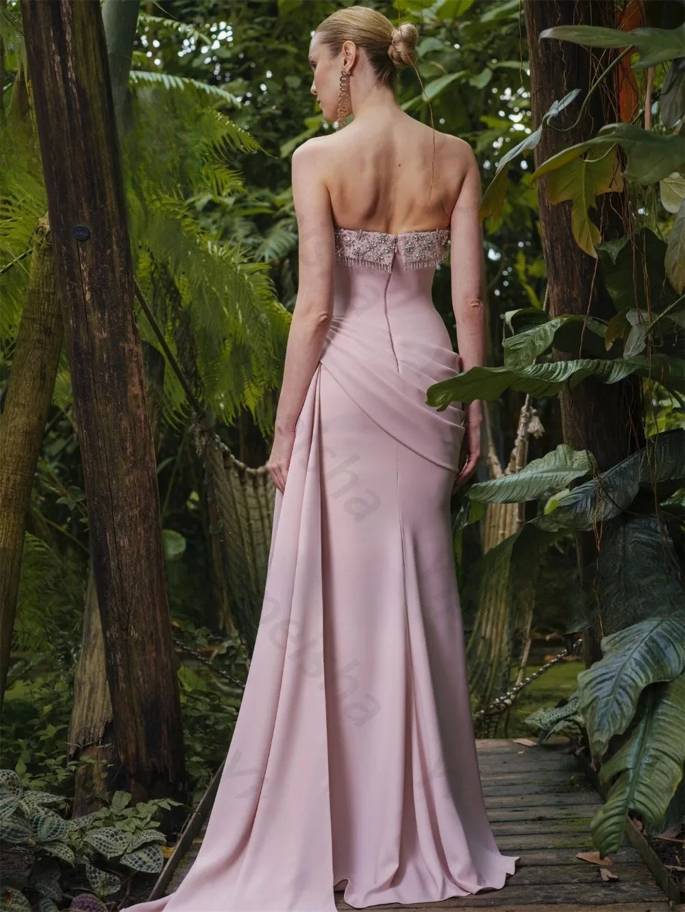 Customized 2026 Pink Strapless Beaded Bodice Ruched Waist Mermaid Zipper Pleated Gown Formal Prom Wedding Evening Party Dress